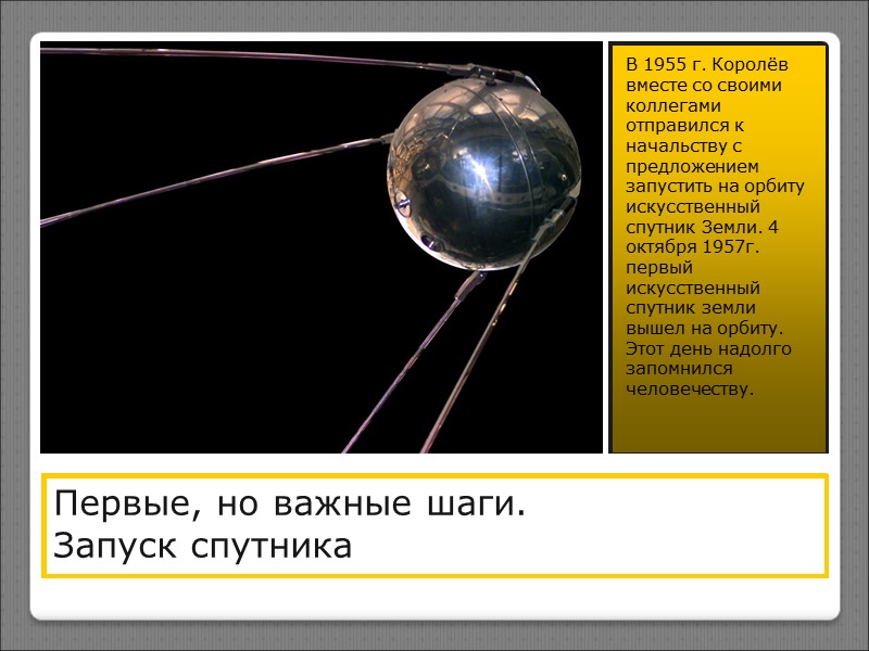 Первые, но важные шаги.  Запуск спутника  В 1955 г. Королёв вместе со
